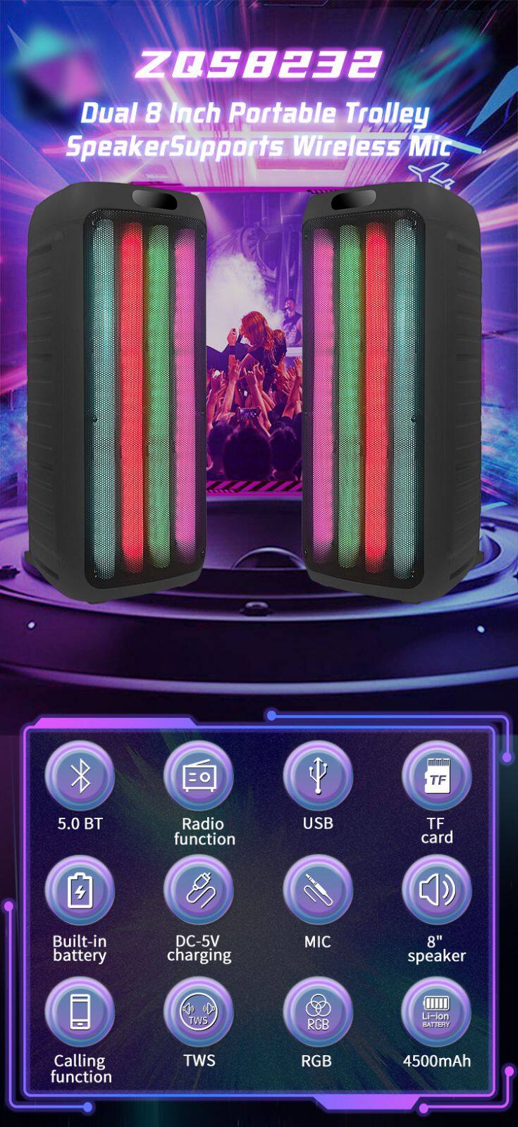 Sell well ZQS8232 40W power dual 8 inch speaker wireless bass sound party speaker with colorful lights