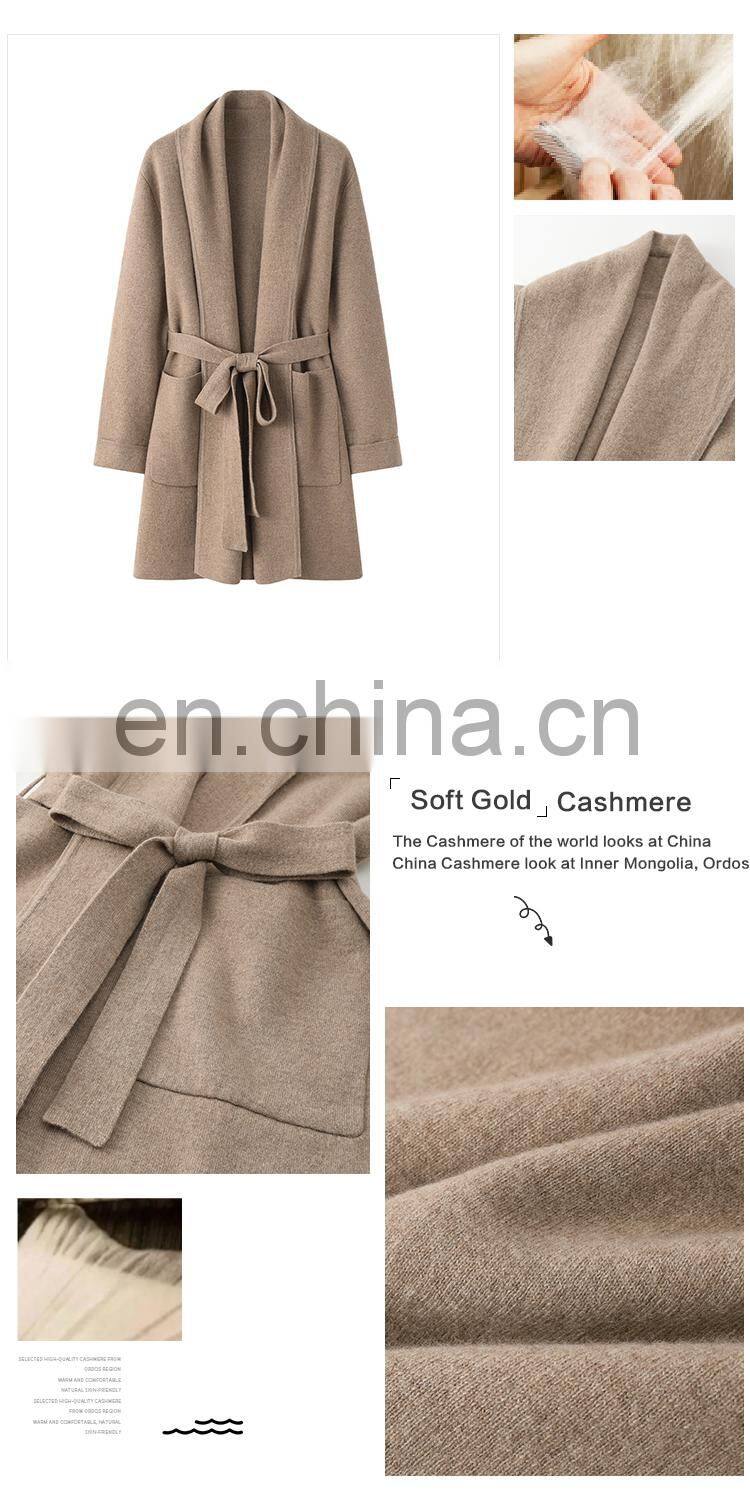 2024 New Arrival High Quality 100% Knitted Cashmere Cardigan Coat Long Winter Season Waistband Solid Pattern Front Logo Pocket