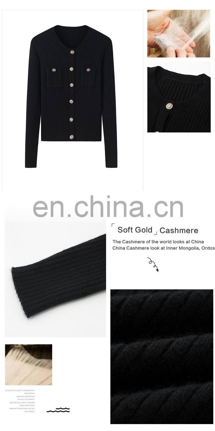 Autumn Manufacturer Custom 100% Cashmere Crew Neck Cardigan Sweater Knitted Solid Pattern Button Decoration Casual Style Winter