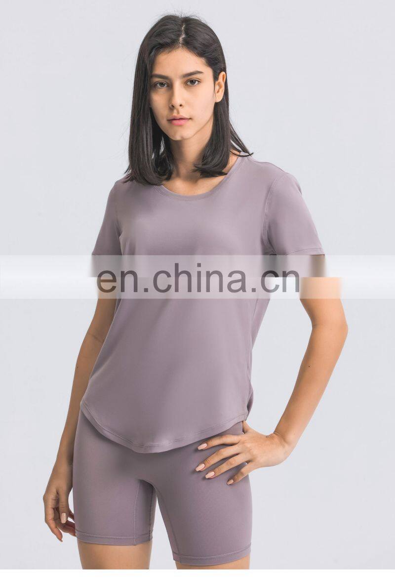 Wholesale Women Breathable Gym Oversized Yoga Tops U Hem Fitness Sports T-Shirts