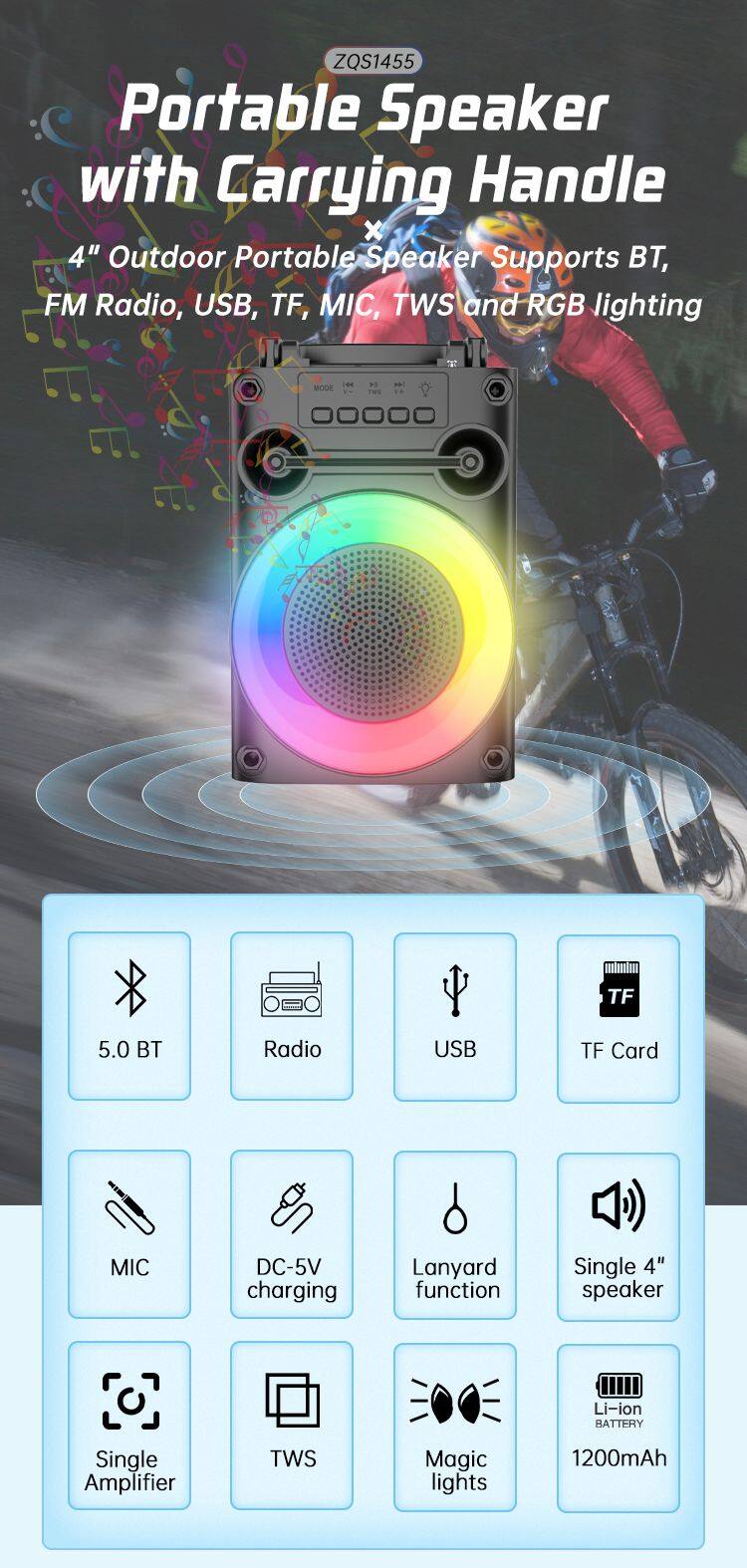 ZQS1455 OEM bass sound portable 4-inch speaker 8W power wireless bluetooth speaker for outdoor