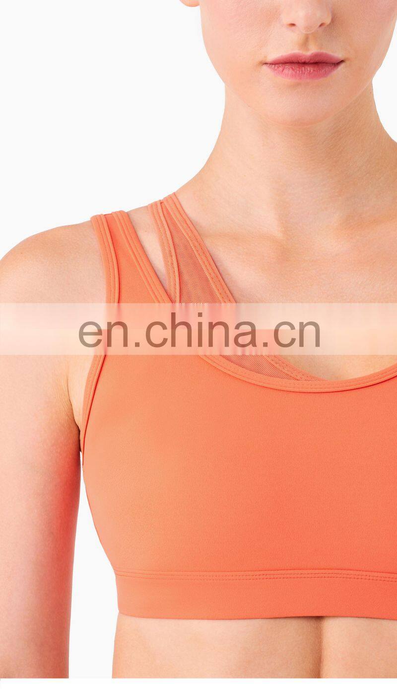 New Mesh Double Strap Women Sports Bra Recycle Fabric One Shoulder Sports Bra Support OEM