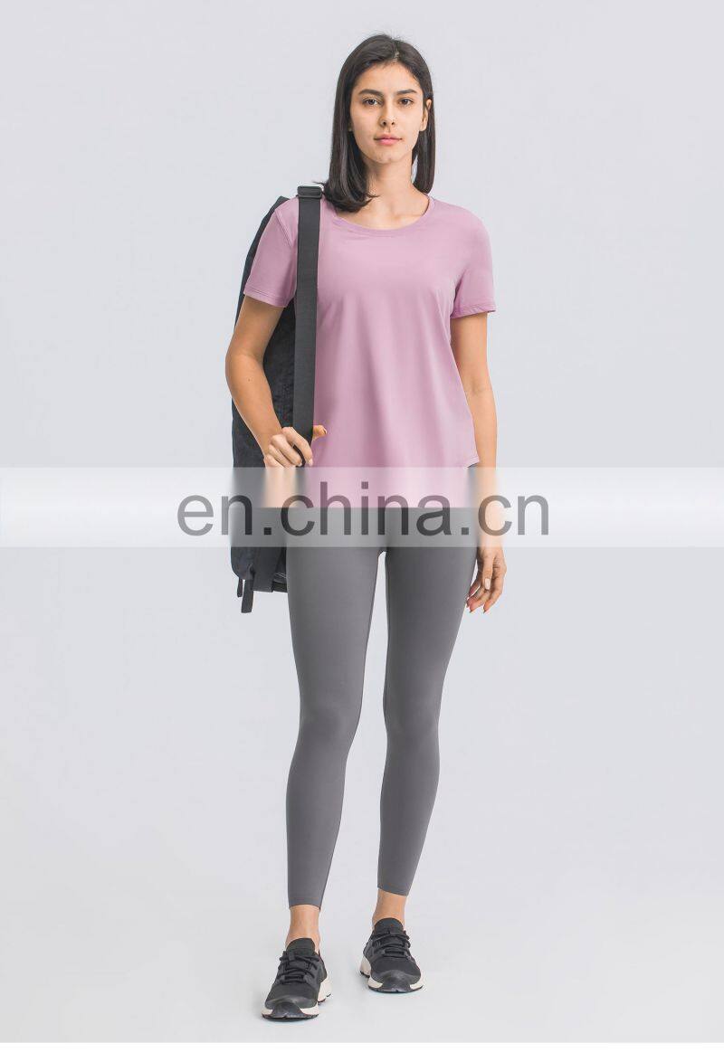 Factory Sales Women Soft Quick Dry Gym Yoga Tops U Hem Fitness Sports T-Shirts