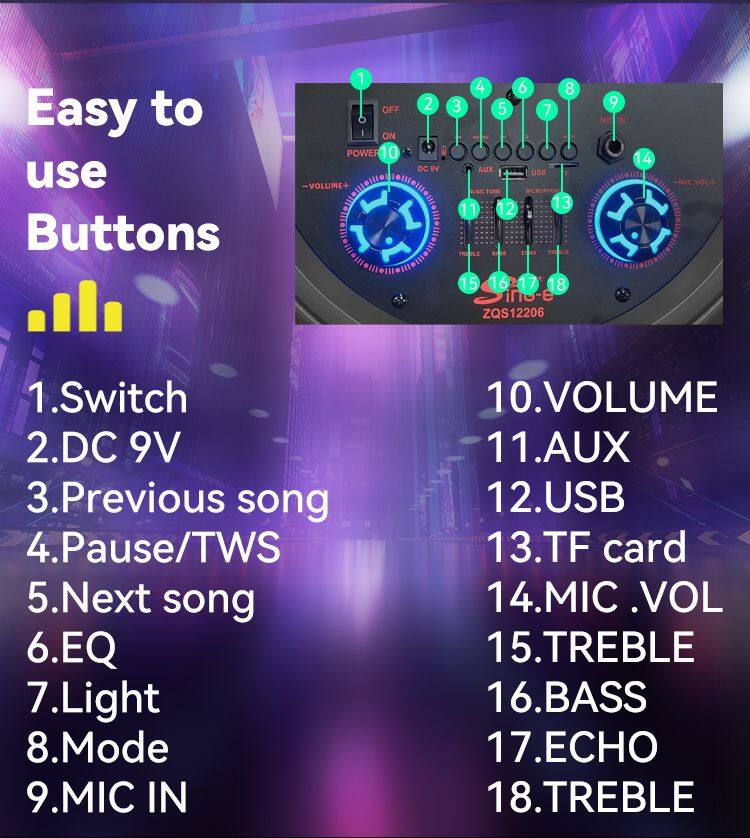 ZQS-12206 super power 80W wireless 12-inch*2 OEM bass sound party speaker with colorful lights