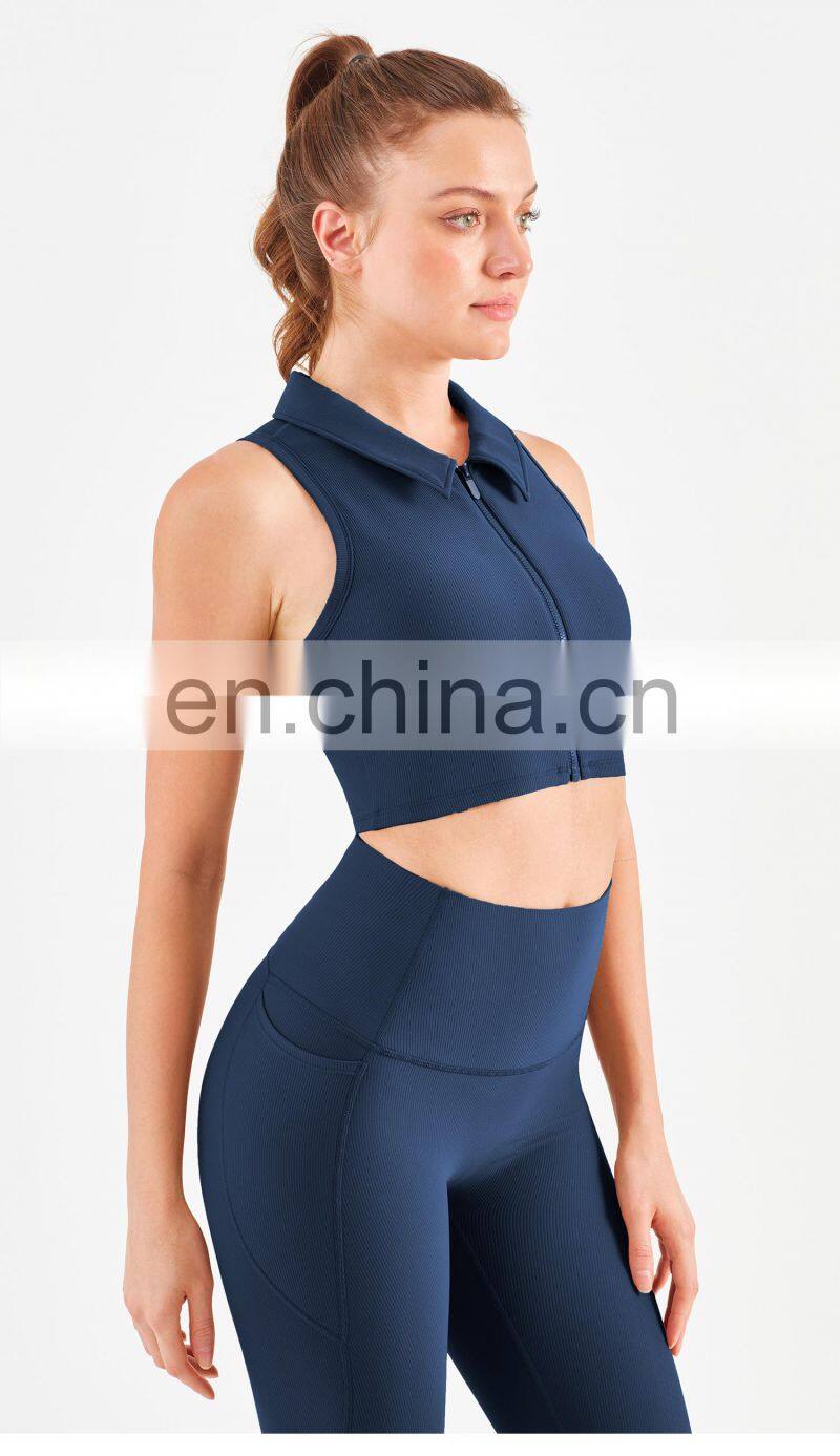 Designer Polo Ribbed Sports Bra With Front Zipper Gym Fitness Women Yoga Tank Tops