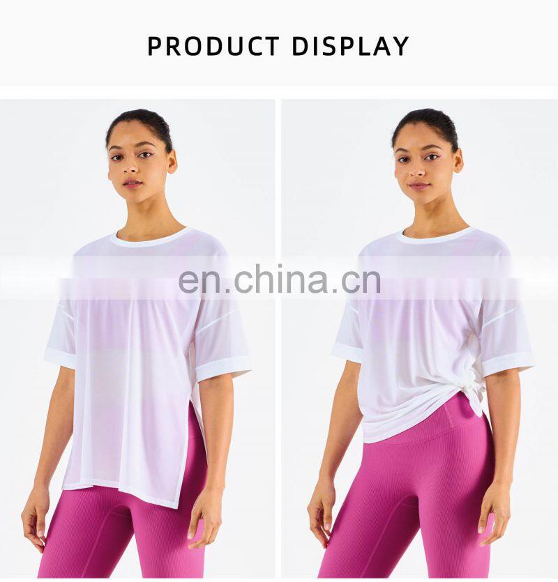Side Waist Slit Design Mesh Sports Gym T Shirt Fashion Girl Yoga Short Sleeve Eco Fabric