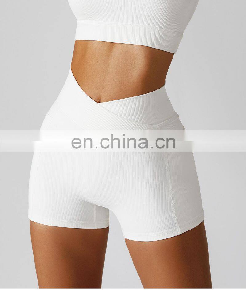 OEM Cross Waist Gym Shorts With Side Pocket Ribbed High Waist Athletic Wear