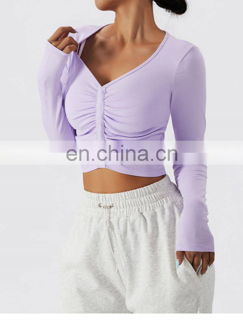 Skinny Long Sleeve Front Folding Yoga Crop Tops Custom Women Quick Dry Sports Shirts