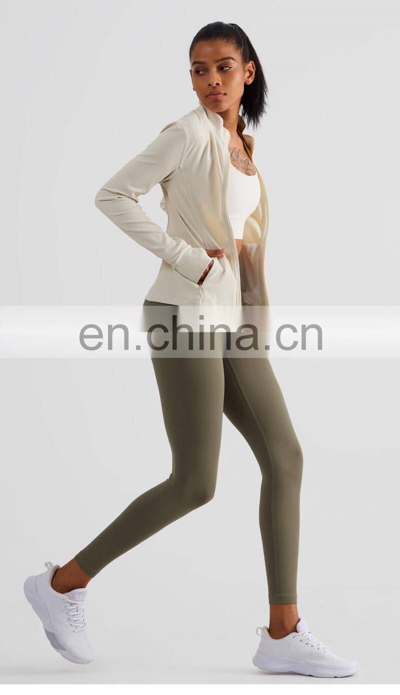Ribbed Long Sleeve Zipper Tight Tops Workout Clothing Custom Pockets Fitness Yoga Jackets