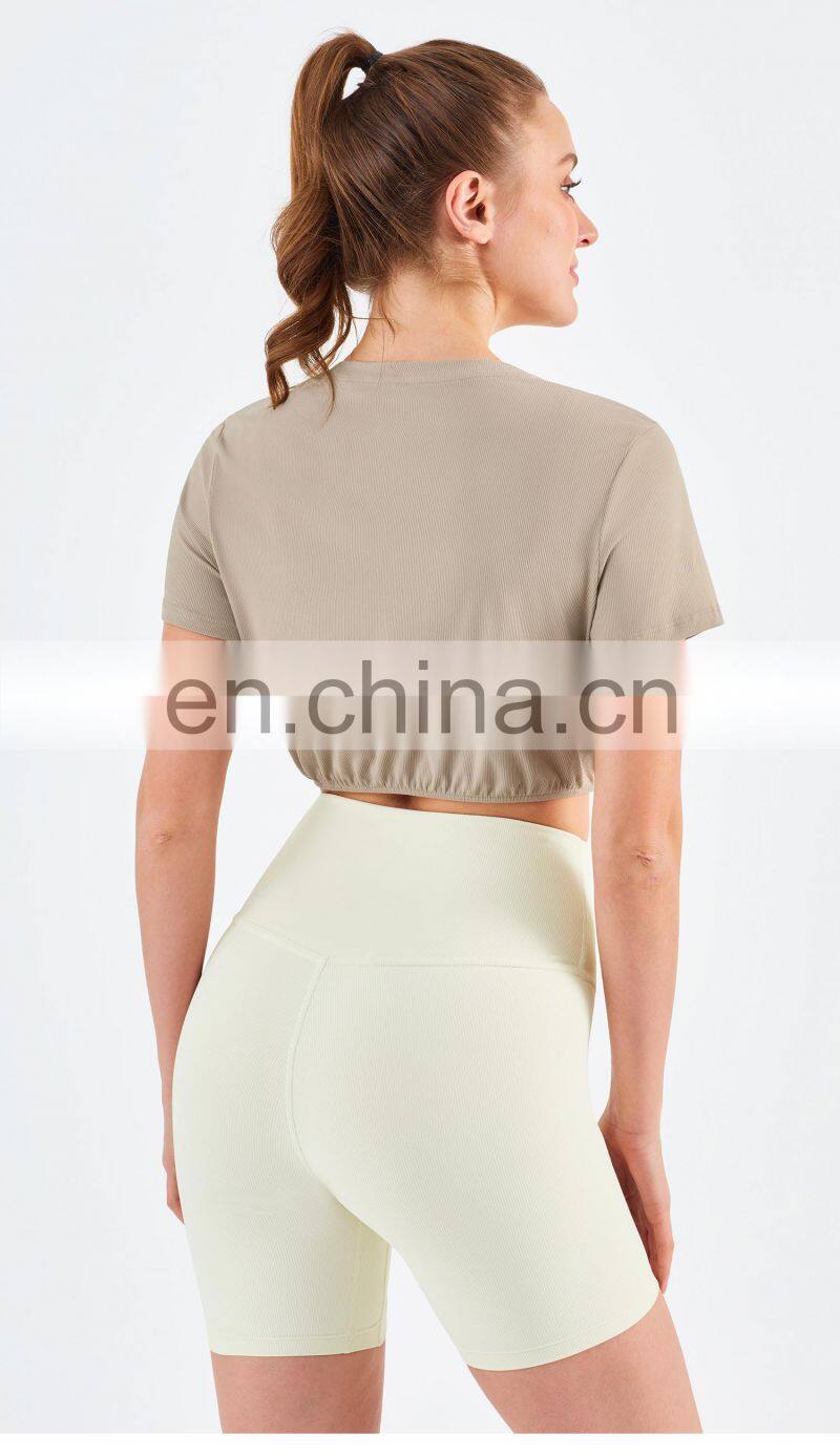 New Double Ribbed Loose Women's T Shirts With Elastic Hem Yoga Fitness Short Sleeve Crop Top