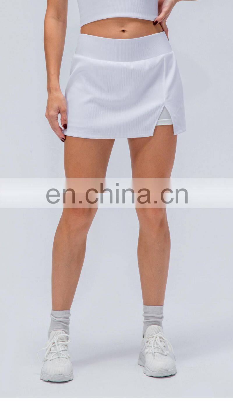 New Rib Two Piece Anti-Glare High Waist Sports Women Fitness Golf Tennis Skirts With Pockets
