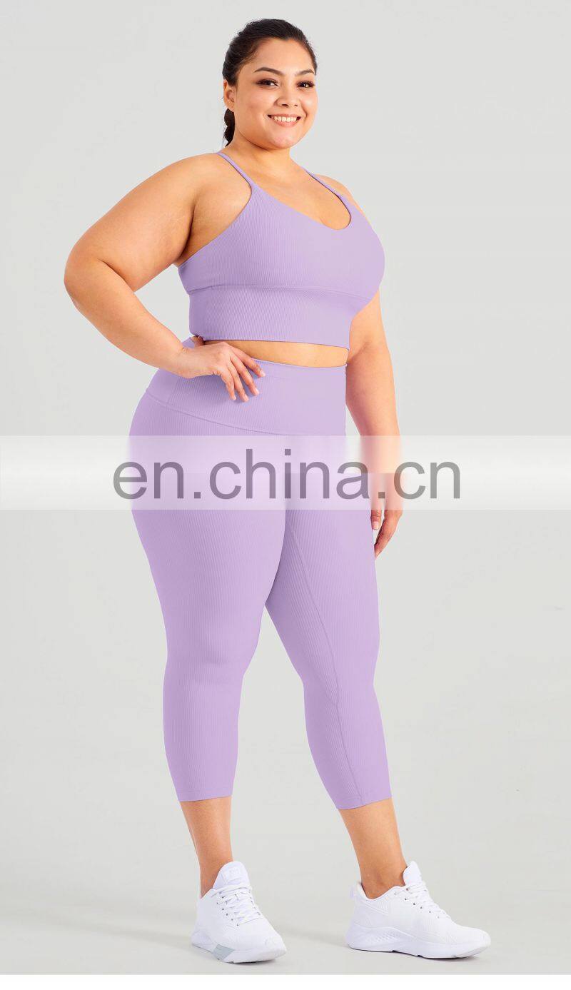 Odm Rib Splice Color Plus Size Sport Set Gym Backless Workout Bra High Waist Legging