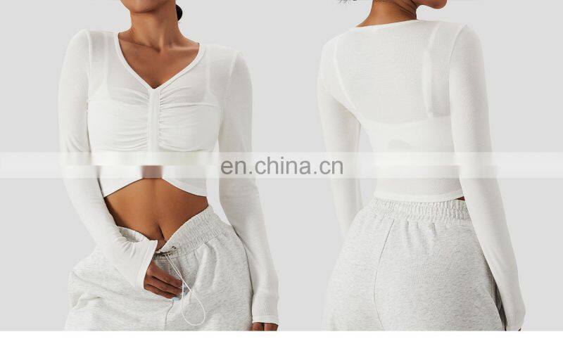 Skinny Long Sleeve Front Folding Yoga Crop Tops Custom Women Quick Dry Sports Shirts