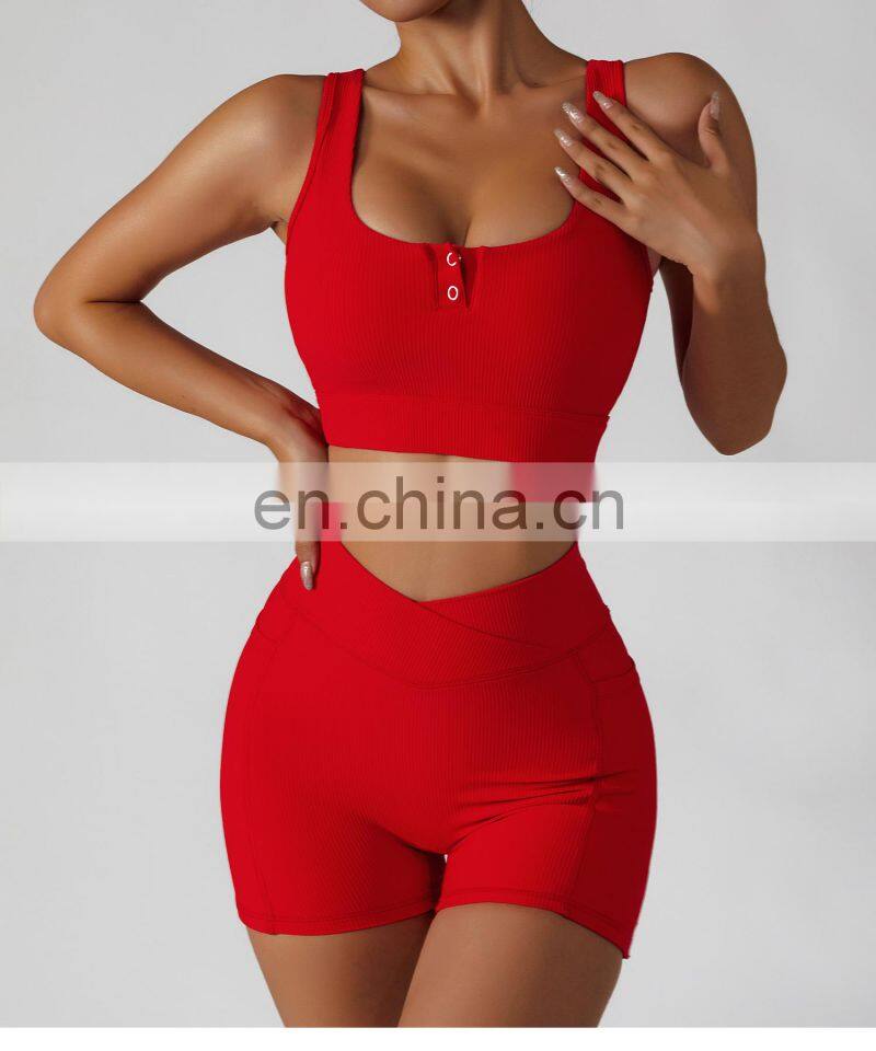 Sexy Ribbed Front Buttons Yoga Bras Factory Sale High Impact Sports Shockproof Crop Tops