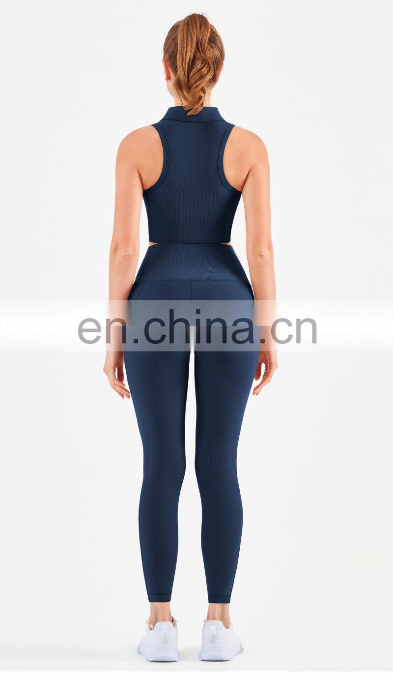 Workout Outfits Sports Ribbed Golf Polo Padded Bra Tank Top Yoga Legging Set Womens