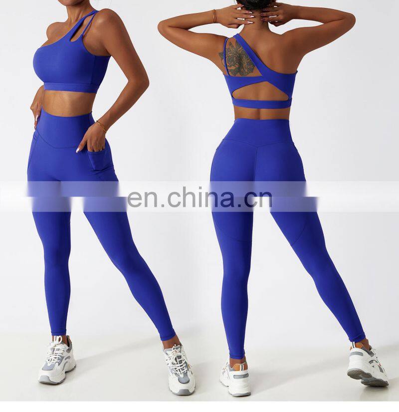 4 Pcs Sportswear Women Yoga Biker Pockets Shorts Oem Gym Fitness One Shoulder Sexy Bra Sets