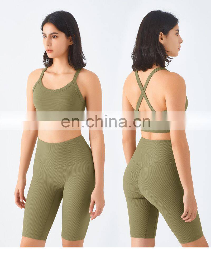 Ribbed Cross Back Custom Recyclable Sports Bras Quick Dry Wide Straps Workout Yoga Tops