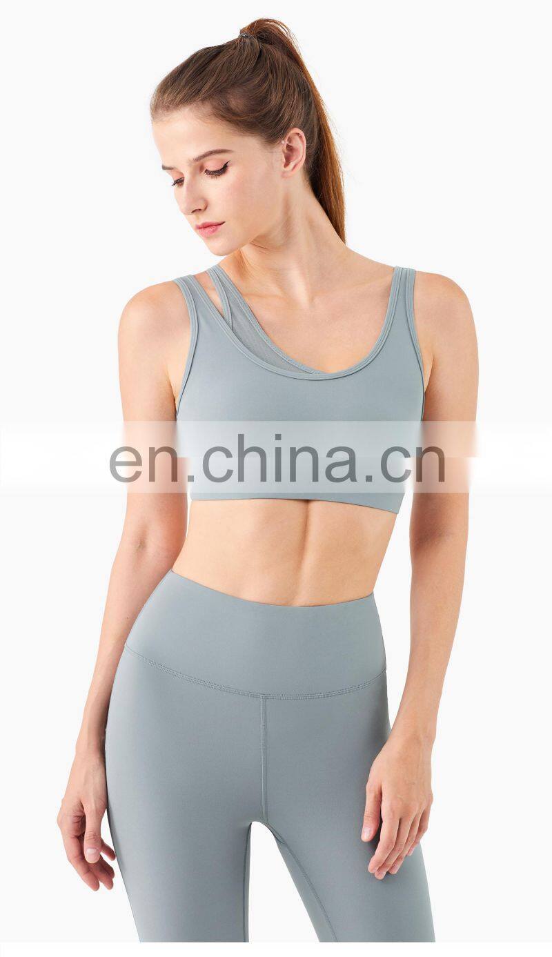 New Mesh Double Strap Women Sports Bra Recycle Fabric One Shoulder Sports Bra Support OEM