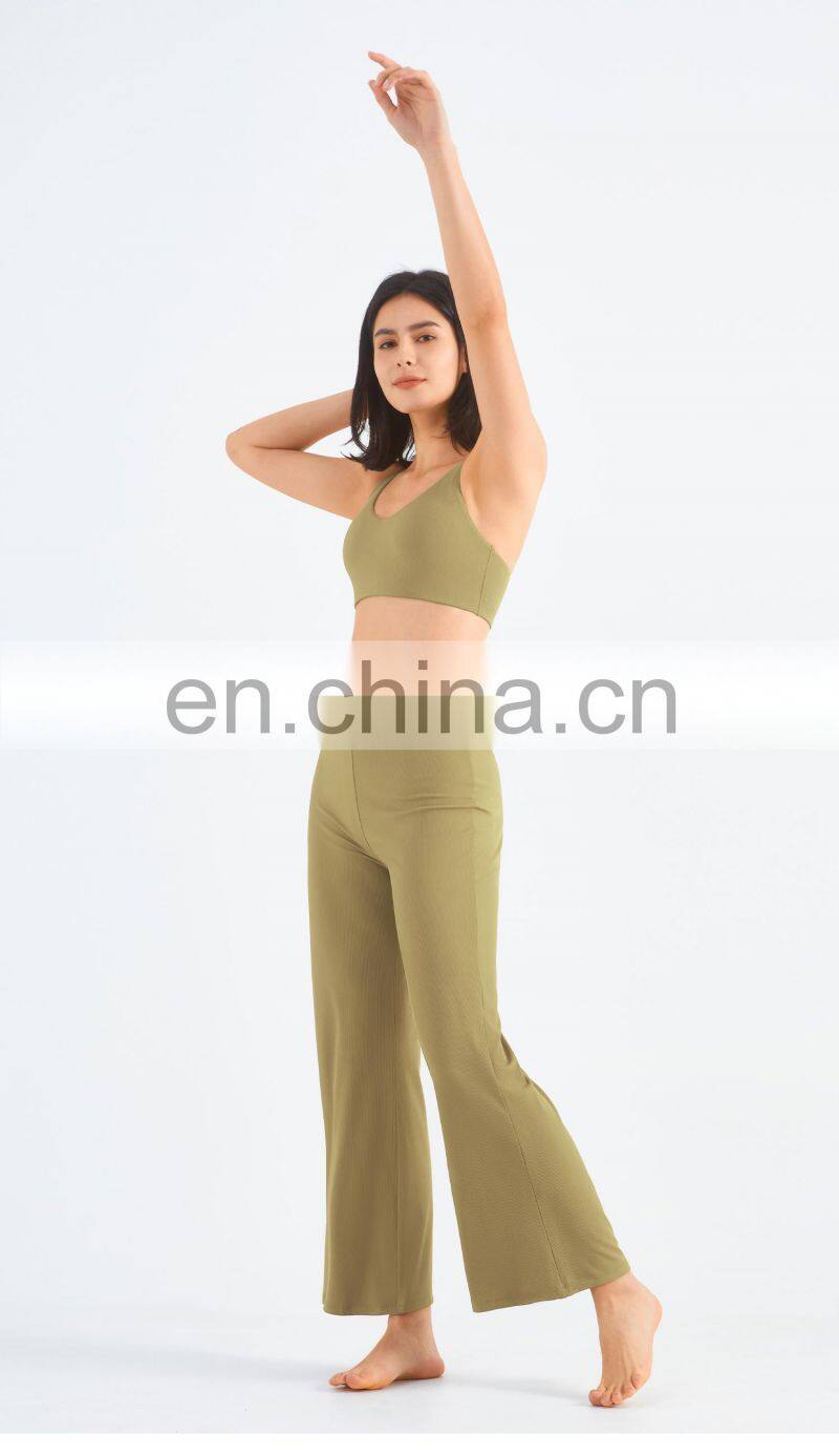 Two Piece Rib Women Workout Sets Sexy Back Sports Bra High Waist Oem Gym Pants