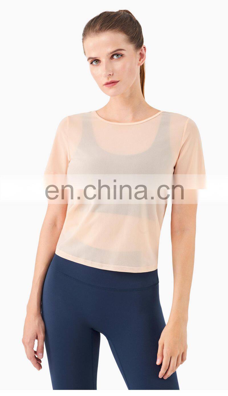 Spring Mesh Blouse Sports T Shirt Women Workout Crop Yoga Top With Reversible