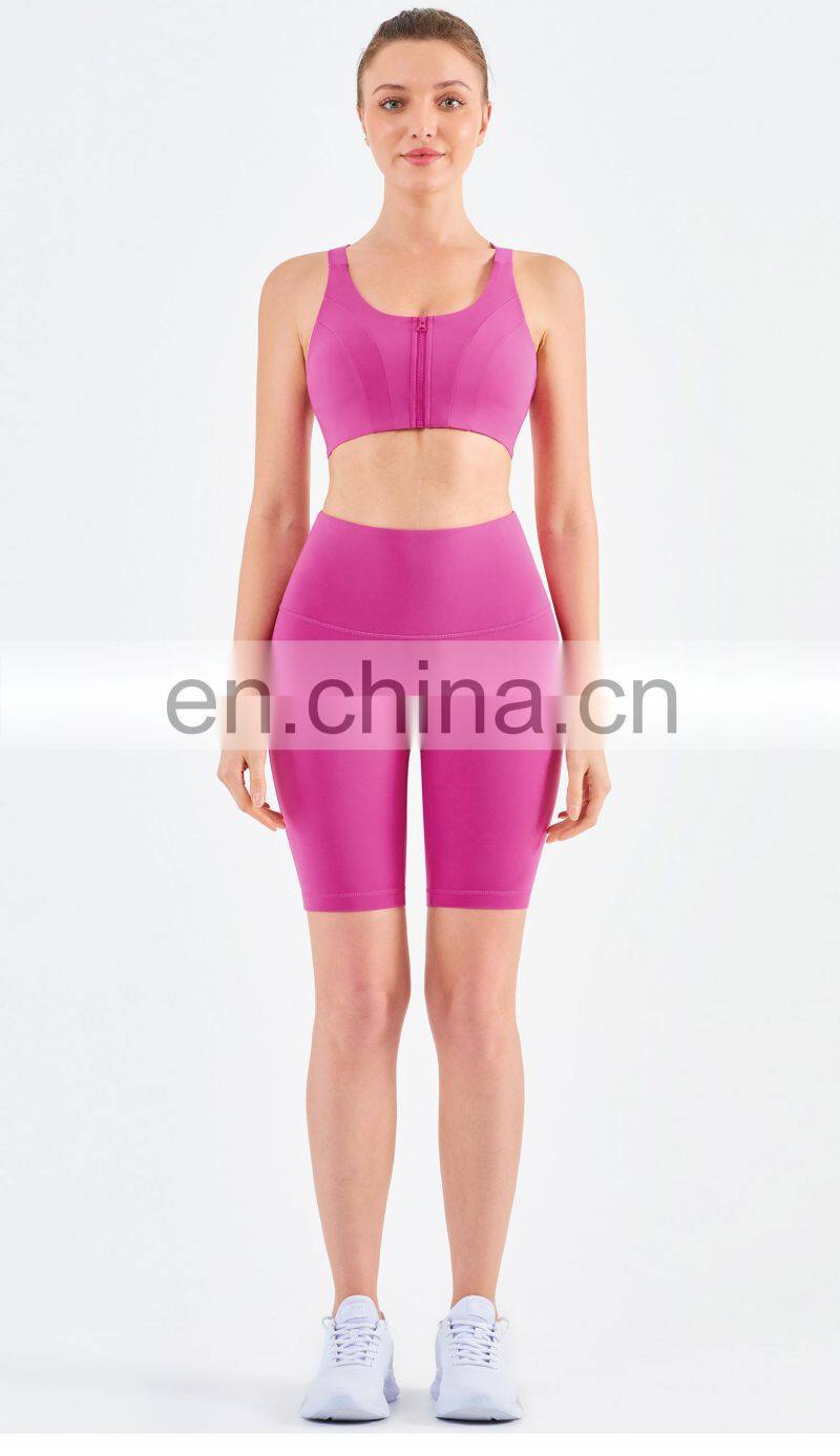 Tik Tok High Elastic Front Zipper Sport Bra Biker Shorts Sets Women Fitness Yoga Wear