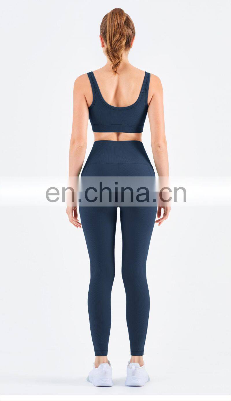 2022 Wholesale Ribbed Yoga Bra Pocket Leggings Set High Waist Gym Fitness Sets