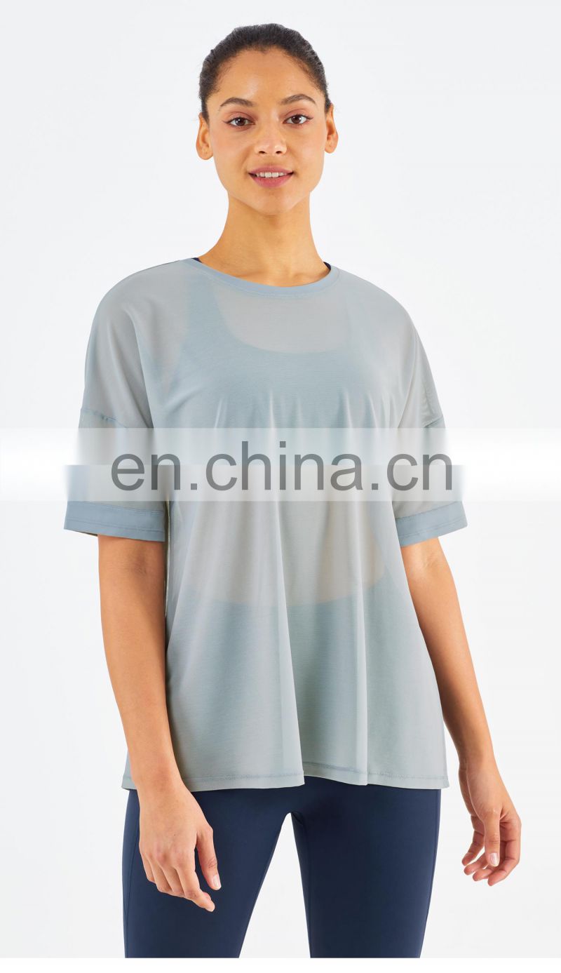 Side Waist Slit Design Mesh Sports Gym T Shirt Fashion Girl Yoga Short Sleeve Eco Fabric
