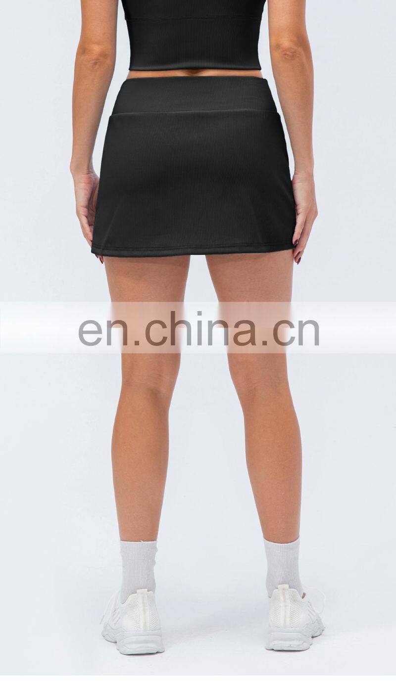 New Rib Two Piece Anti-Glare High Waist Sports Women Fitness Golf Tennis Skirts With Pockets