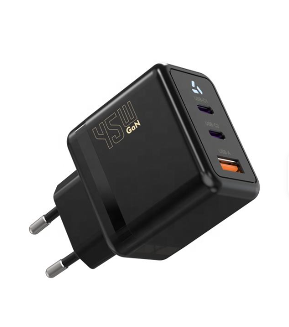 Cargador rápido de 45W GaN con doble salida USB-C y salida USB QC3.0