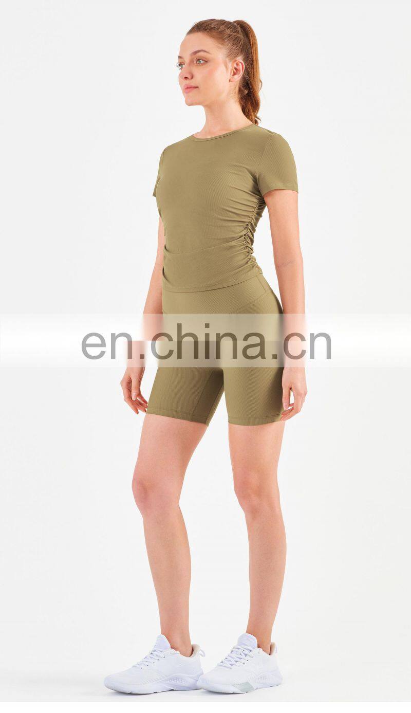 Women Ribbed Short Sleeve Slim Fit T-Shirt And Short Yoga Set Sport Fitness Suit