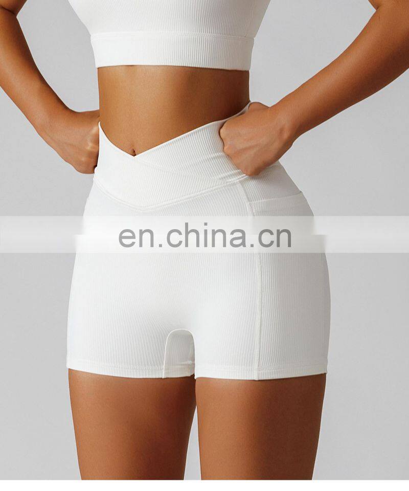 OEM Cross Waist Gym Shorts With Side Pocket Ribbed High Waist Athletic Wear