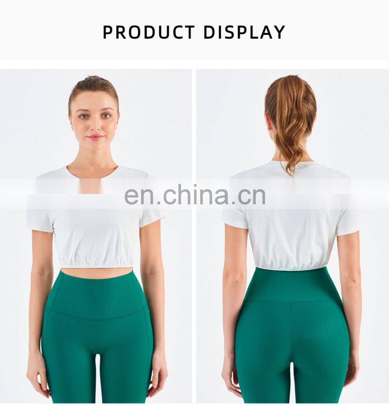 New Double Ribbed Loose Women's T Shirts With Elastic Hem Yoga Fitness Short Sleeve Crop Top