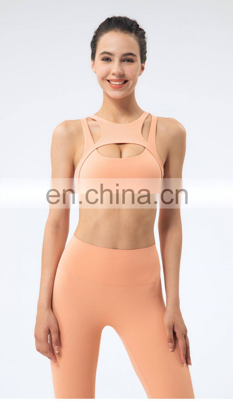 Private Label Workout Sports Bra Leggings Ribbed Hollow Out Sexy Yoga Bra Gym Wear