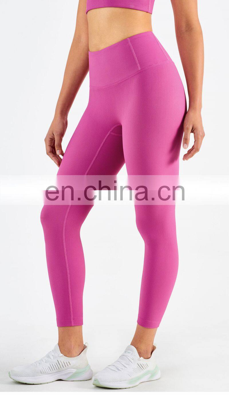 One Piece Cutting High Quality Tummy Control Workout Leggings For Women Stripe Tight Yoga Pants