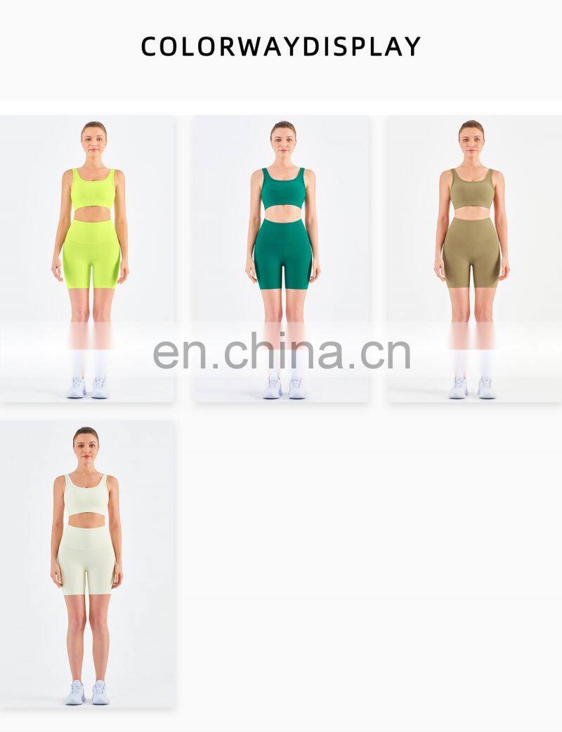 Athletic Ribbed Yoga Fitness Women Square Neckline Sports Bra Biker Shorts Set Gym