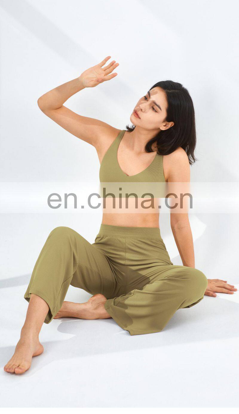 Two Piece Rib Women Workout Sets Sexy Back Sports Bra High Waist Oem Gym Pants