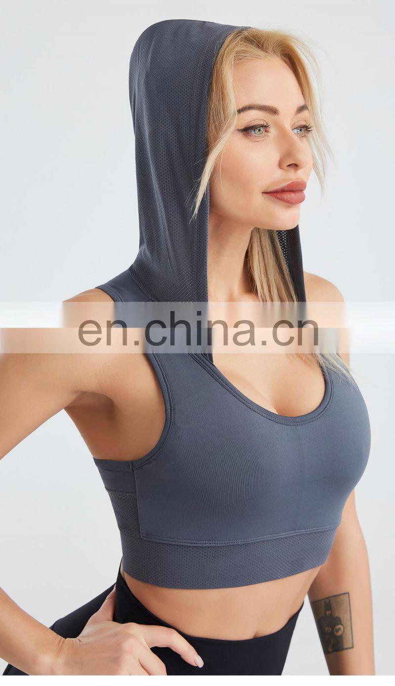 Hooded Running Grid Sports Vest Quick-Drying Breathable Nude Yoga Fitness Bra