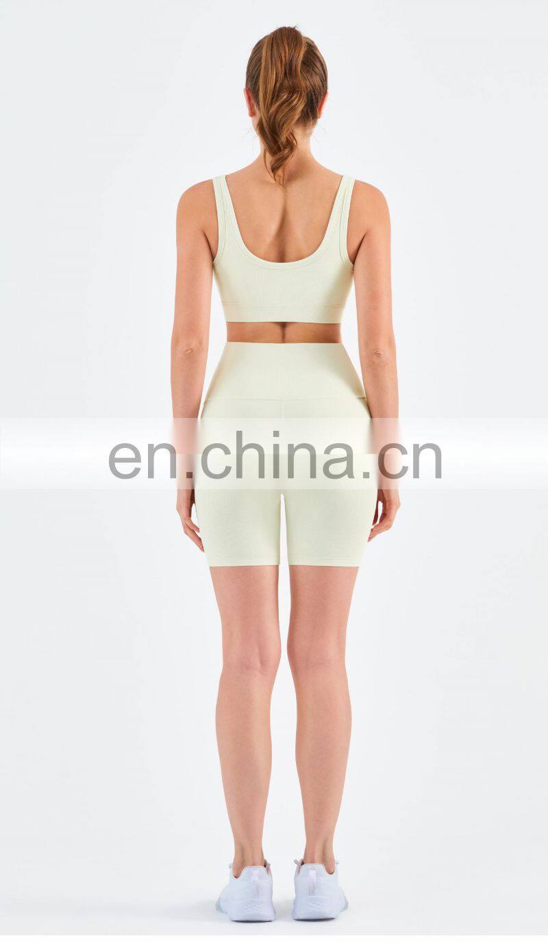 Athletic Ribbed Yoga Fitness Women Square Neckline Sports Bra Biker Shorts Set Gym