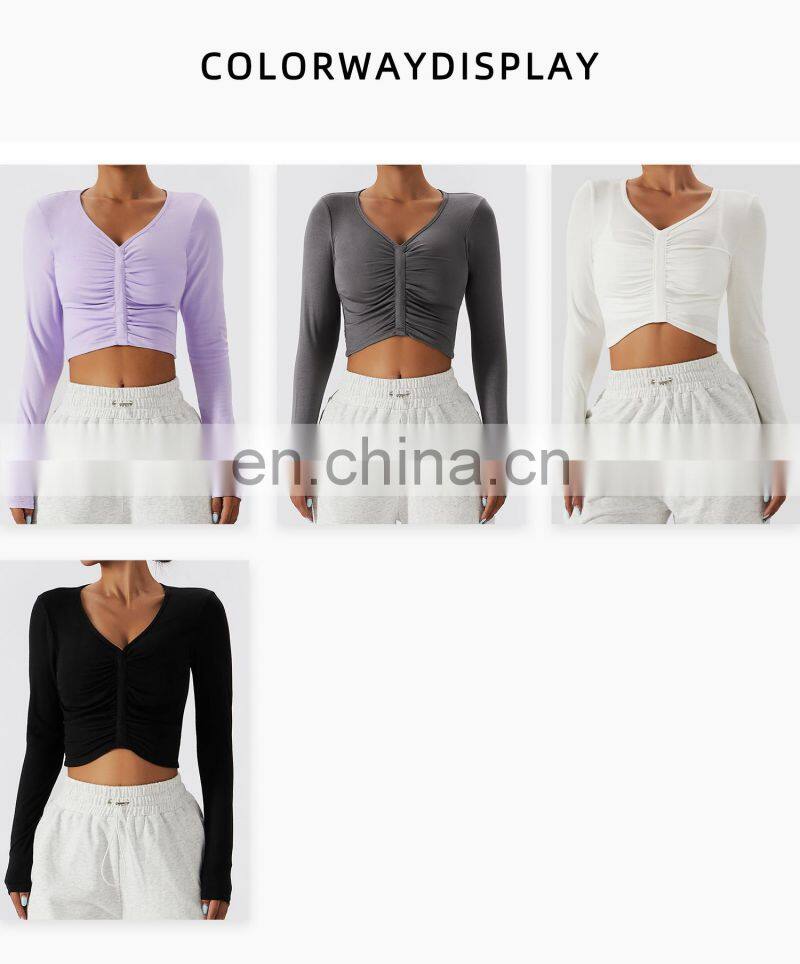 Skinny Long Sleeve Front Folding Yoga Crop Tops Custom Women Quick Dry Sports Shirts