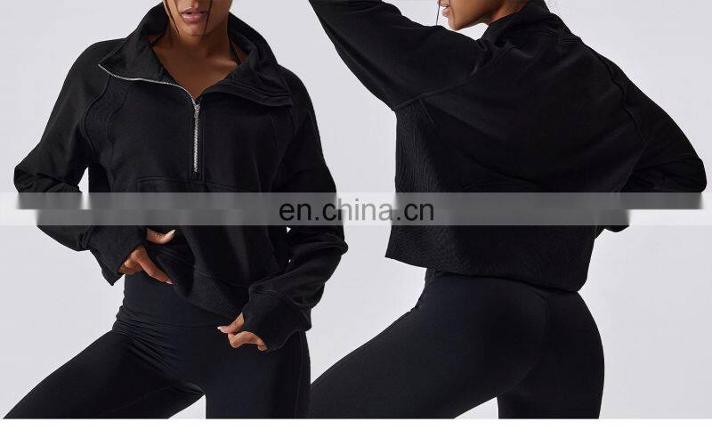 Factory Sale Half Zip Crop Pullover Womens Long Sleeve Stand Neck Hoodies With Pocket