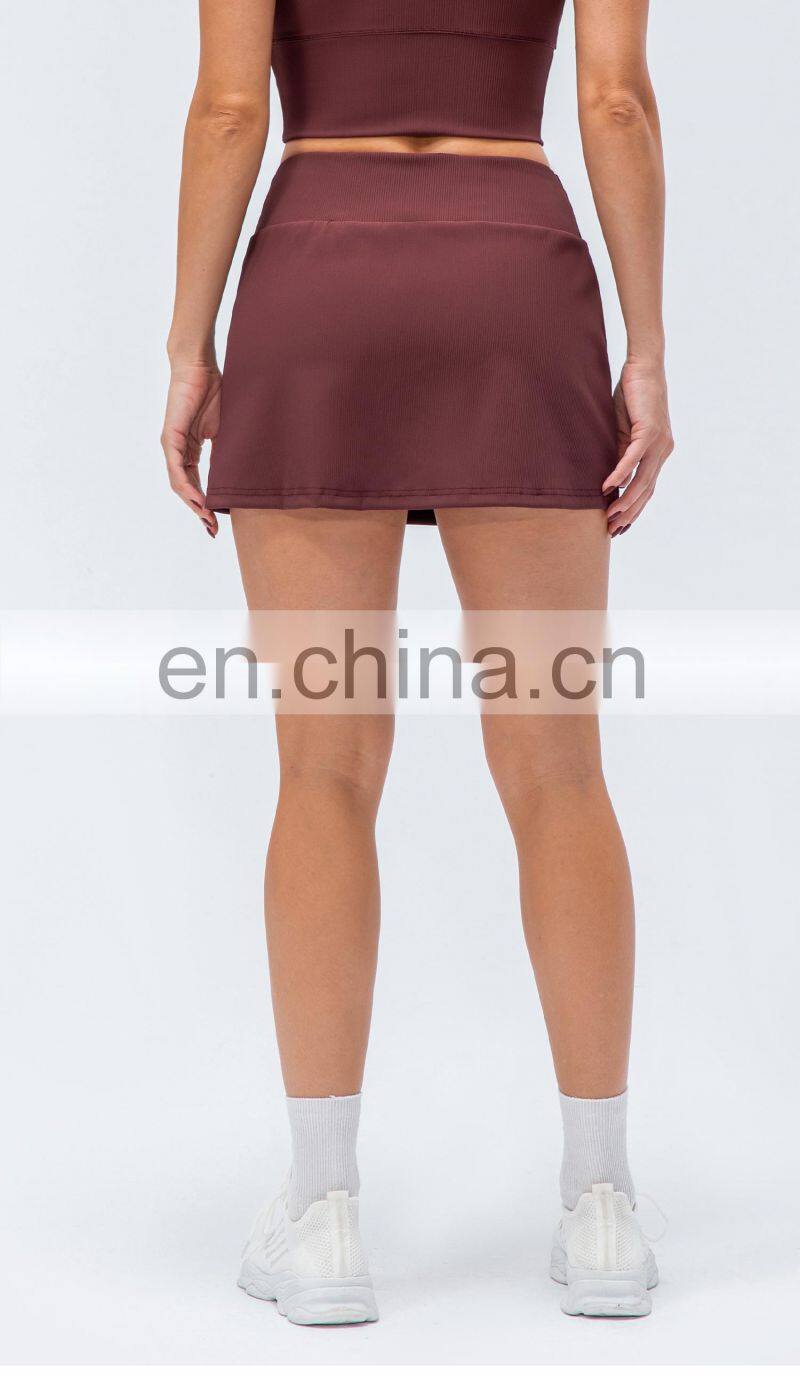 New Rib Two Piece Anti-Glare High Waist Sports Women Fitness Golf Tennis Skirts With Pockets