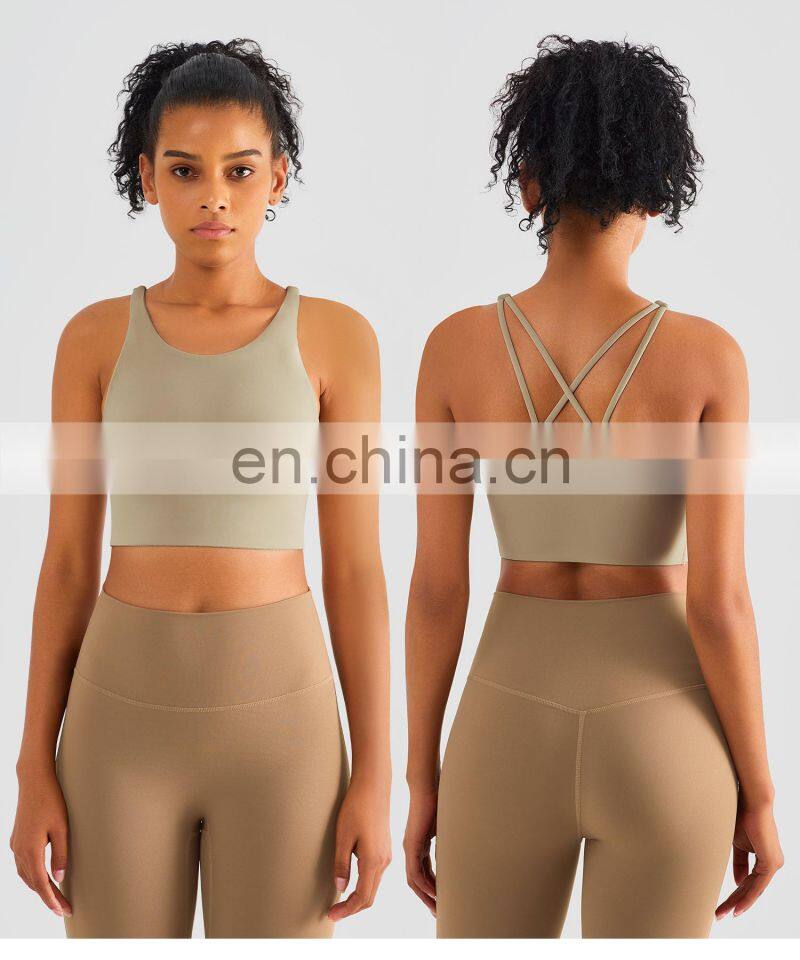 Wholesale High Neck Sports Shockproof Bras Cross Longline Backless Yoga Custom Tank Tops