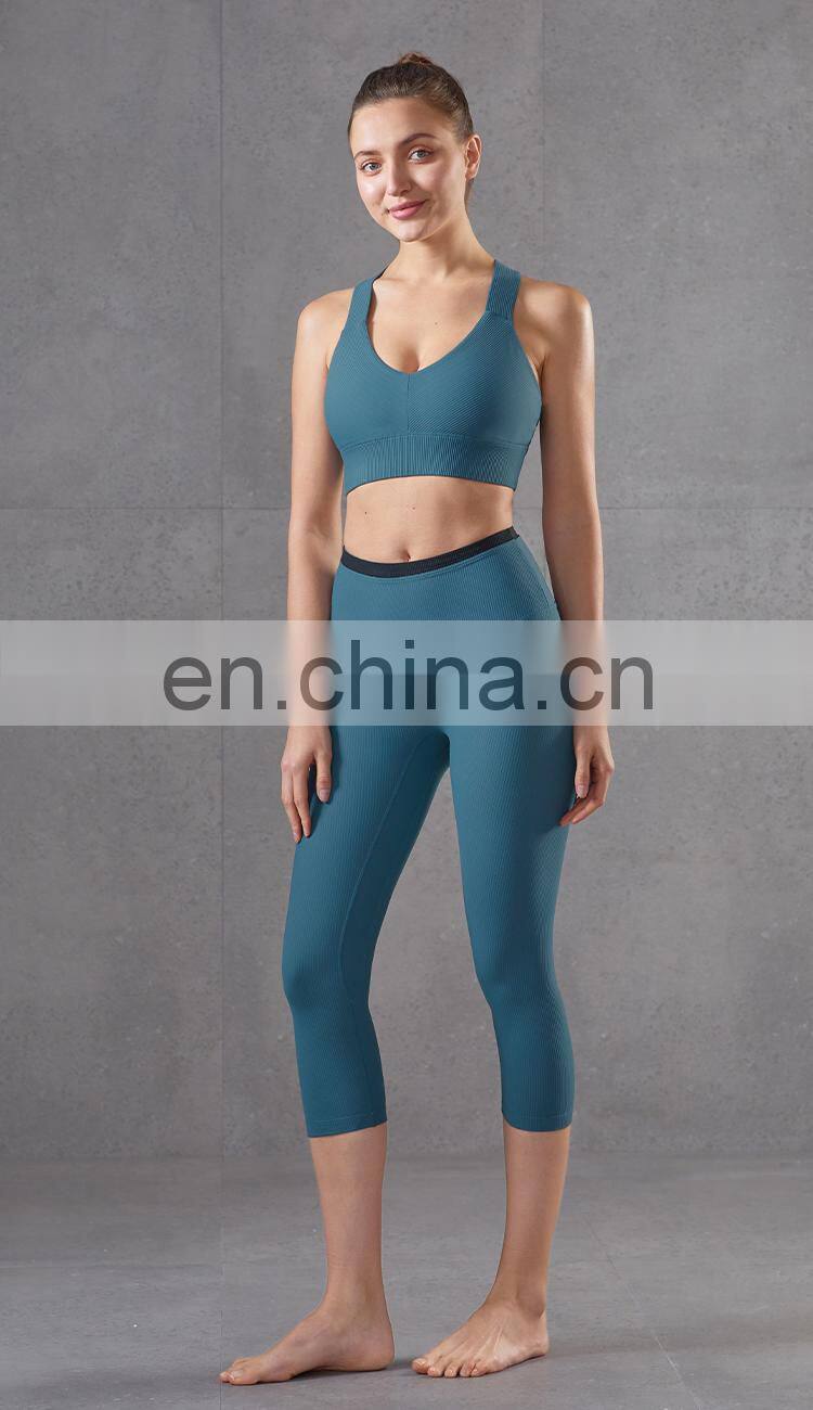 Hot Ribber Fabric Capri Sport Legging High Waist Women Yoga Pants Splice Color OEM