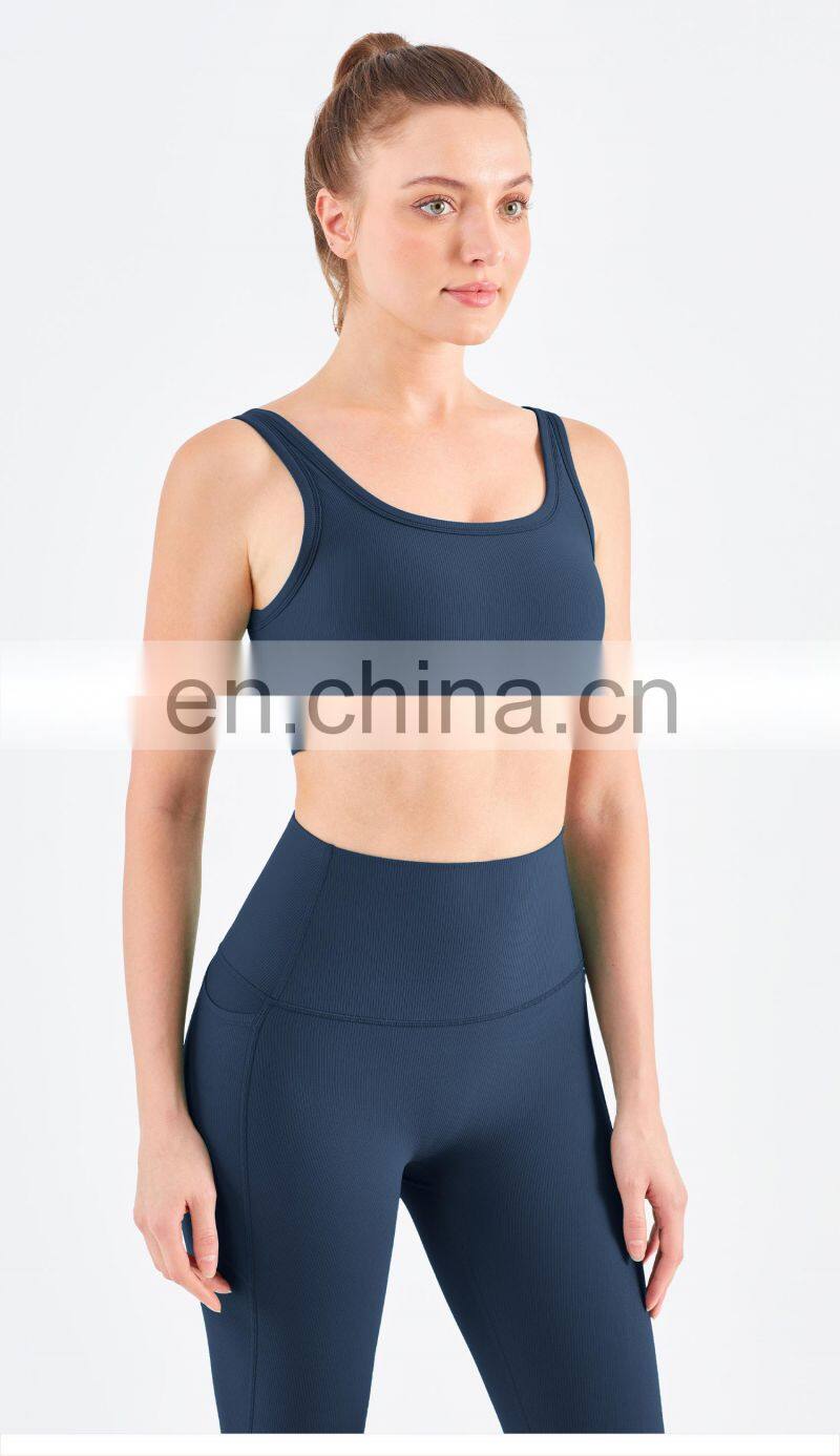 Wholesale Ribbed Covered Sports Bra High Impact Women Fitness Yoga Bra Side Gather