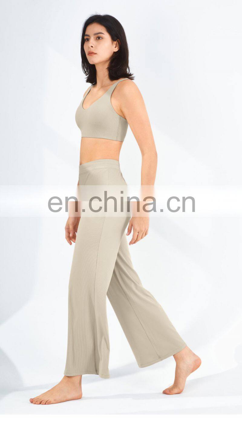 Two Piece Rib Women Workout Sets Sexy Back Sports Bra High Waist Oem Gym Pants