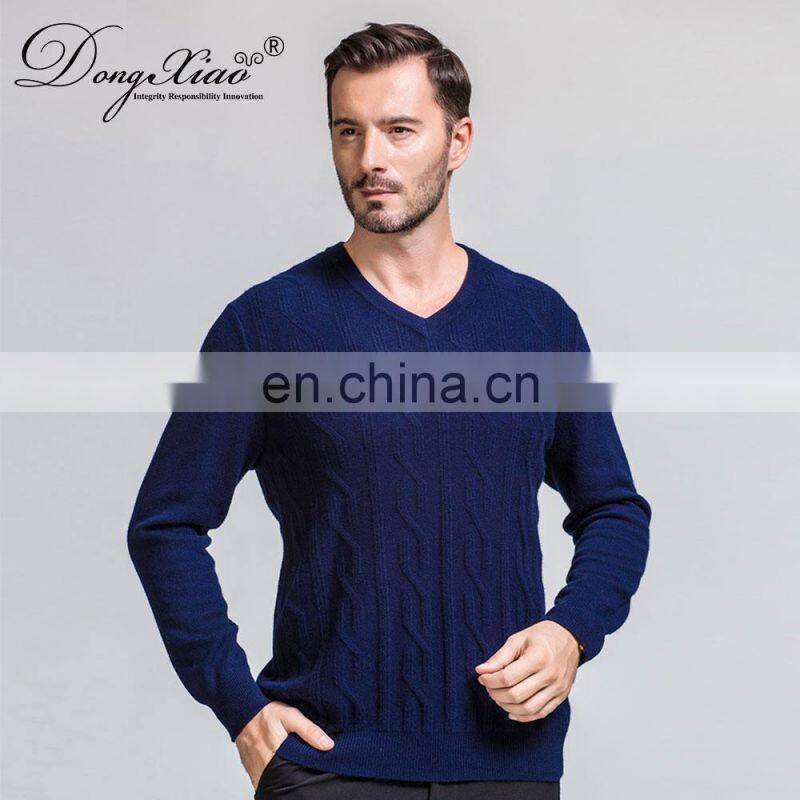 Classic Men's Merino Wool V-Neck Cable Pullover Winter Knitted Sweater