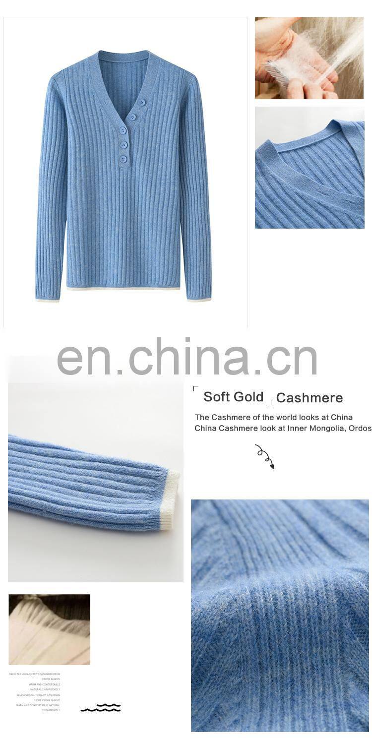 100% Solid Style Casual Spring Rib Knit Pullover V-Neck Cashmere Sweater for Women with Front Button Decoration