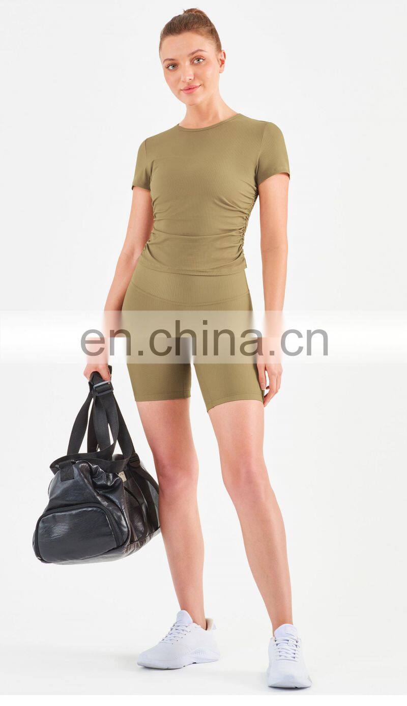 Women Ribbed Short Sleeve Slim Fit T-Shirt And Short Yoga Set Sport Fitness Suit