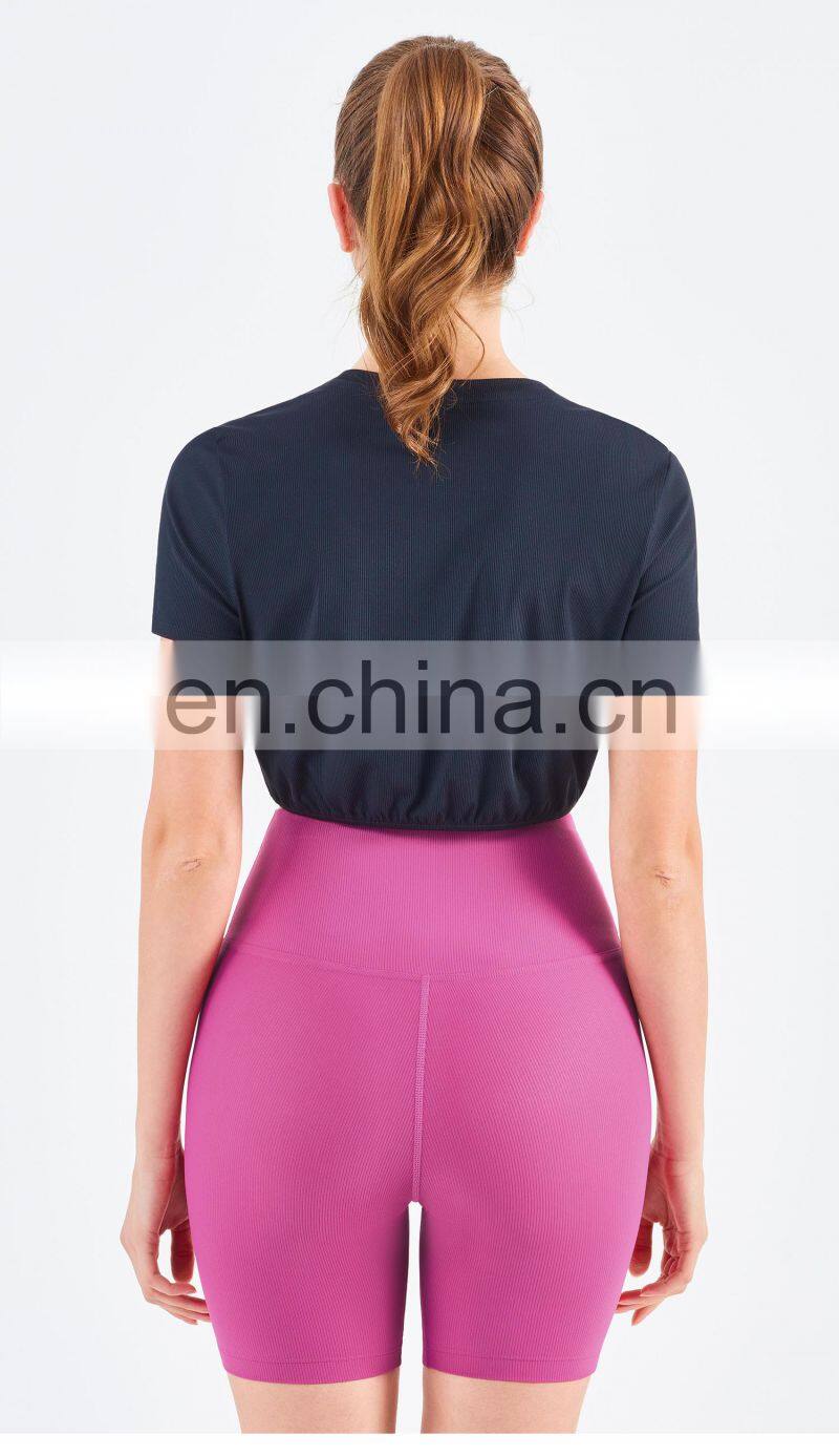 New Double Ribbed Loose Women's T Shirts With Elastic Hem Yoga Fitness Short Sleeve Crop Top