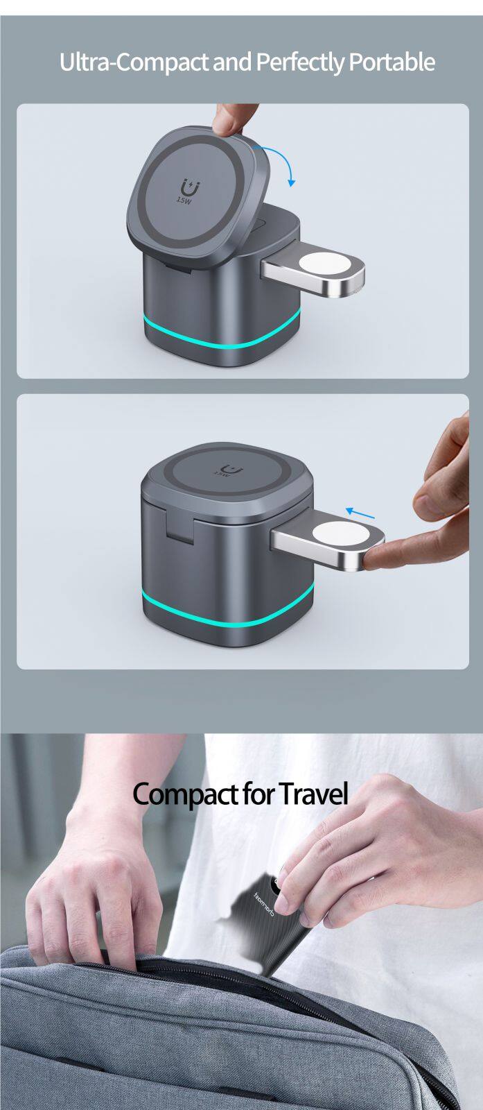 Portable 3-in-1 15W Wireless Charger Multifunctional with Power Bank for Multiple Devices and Microphone Use